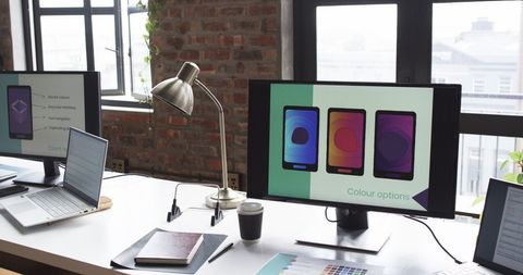 Modern Workspace with Graphic Design Presentation on Screens - Download Free Stock Images Pikwizard.com