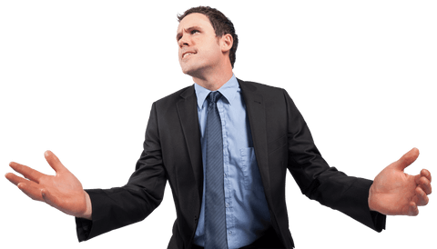Frustrated Businessman Gesturing with Open Arms on Transparent Background