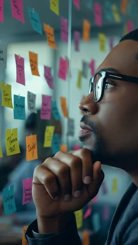 Vertical video: Professional prioritizing colorful sticky notes on glass during brainstorming