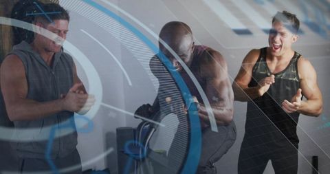 Intense studio cycling coaching with athletes cheering during hiit cardio sprint