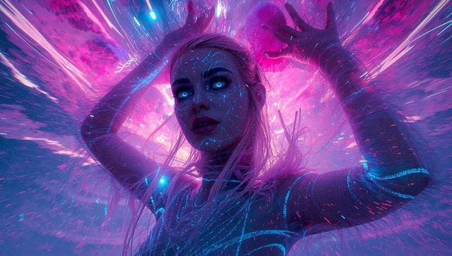 Digital avatar embracing neon energy streams in virtual reality