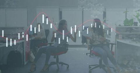 Coworkers Discussing with Candlestick Chart Overlay in Modern Open Office