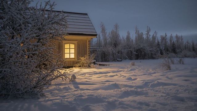Cozy wooden cabin glowing through frosted window in snowy twilight clearing