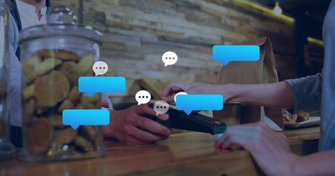 Customer tapping card at cafe counter while cashier holding pos terminal with messaging overlays