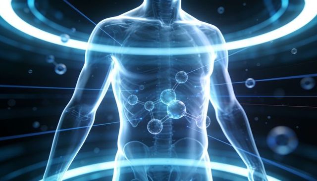 Holographic torso revealing spine and rib anatomy with glowing molecular network visual