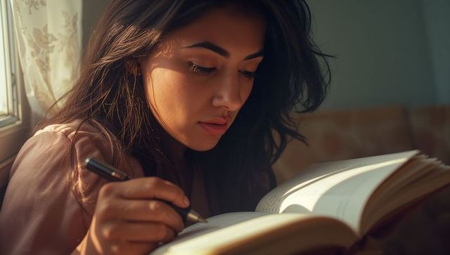 Focused Woman Studying During Golden Hour by Window