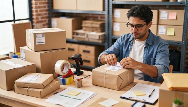 Small Business Owner Packing Orders and Applying Shipping Labels in Warehouse Fulfillment