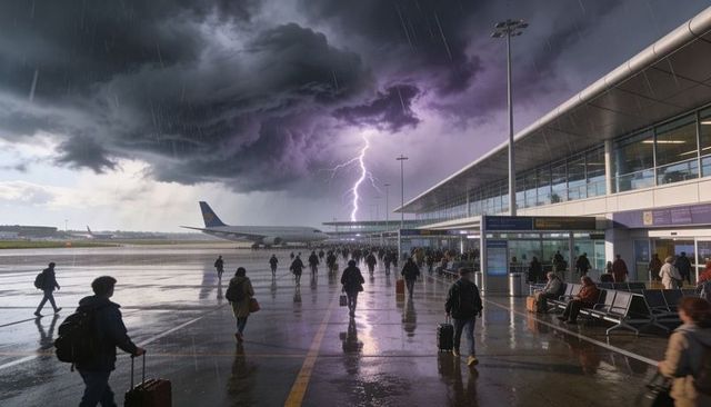 Passengers walking across wet runway during lightning storm at busy airport terminal
