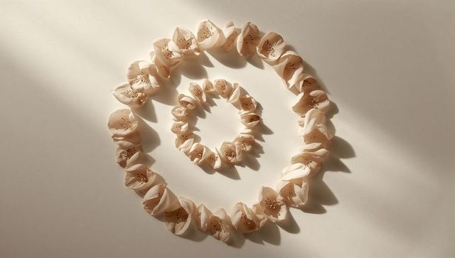 Creating minimalist concentric rings from pale beige flower petals on cream surface