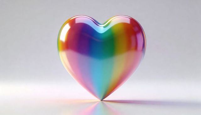 Iridescent glossy heart sculpture balancing on tip with rainbow reflection and soft gradient