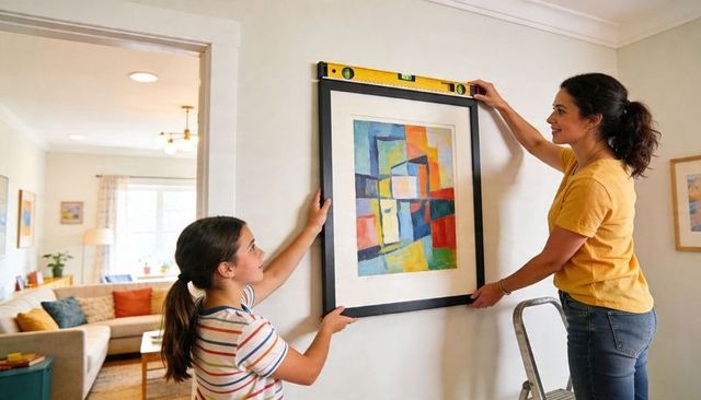 Mother and daughter hanging colorful abstract geometric painting using spirit level