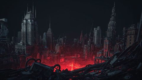 Futuristic Dystopian Cityscape With Glowing Red Chasm