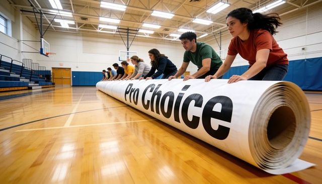 Students unrolling giant pro choice banner in school gymnasium demonstrating activism