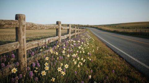 Split-Rail Fence and Wildflowers by Pastoral Road