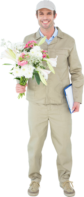 Happy Delivery Man Holding Bouquet and Clipboard on Transparent Background - Download Free Stock Videos Pikwizard.com