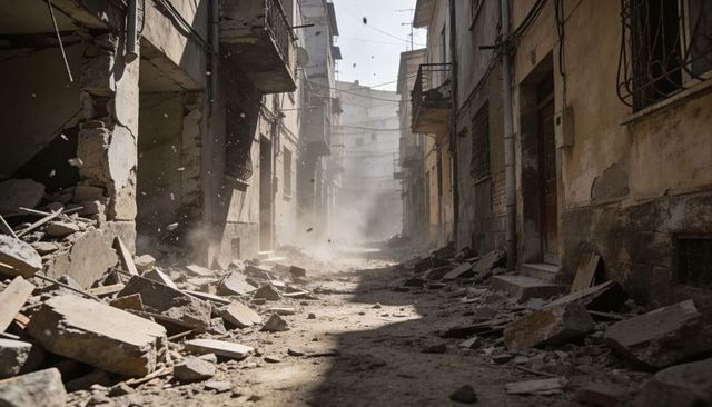 Rubble-strewn urban alley showing collapsed masonry, dust plumes and exposed rebar