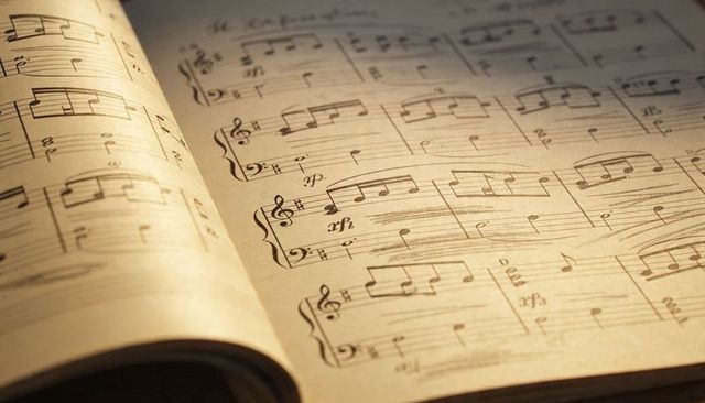Showing vintage music score on open book under warm amber lighting with pencil smudges