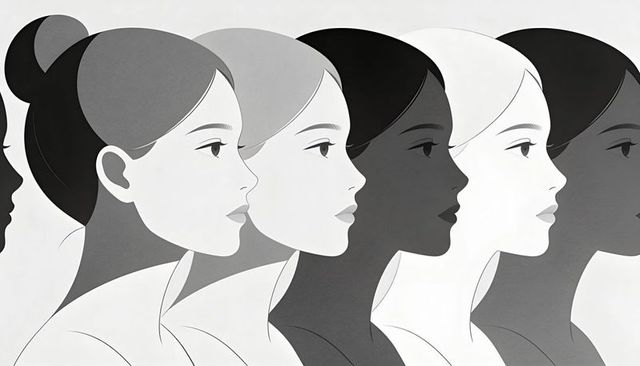 Overlapping female profiles forming monochrome pattern of diverse silhouettes and lines