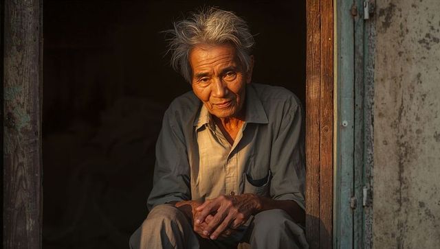 Sunlit senior man sitting in weathered doorway clasping hands and showing pen pocket