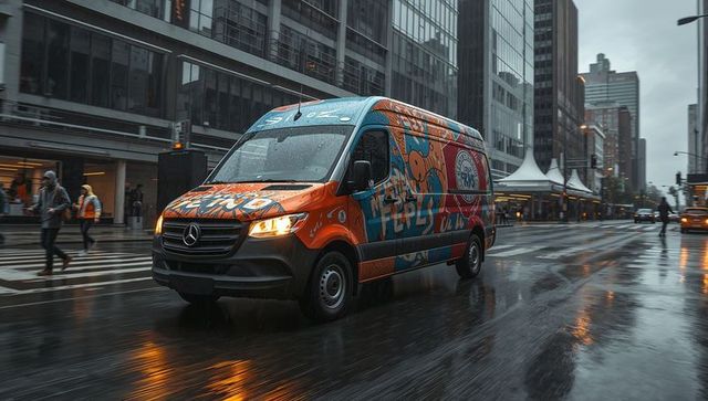 Driving Mercedes Sprinter van wrapped in vibrant graffiti art on rainy urban street