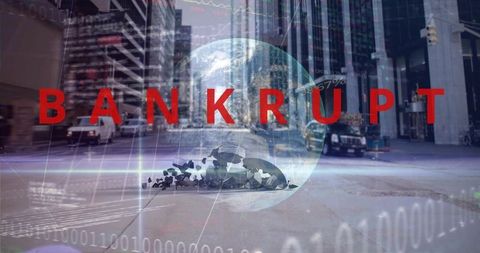 Shattering globe conveying global financial collapse over downtown street with bankrupt