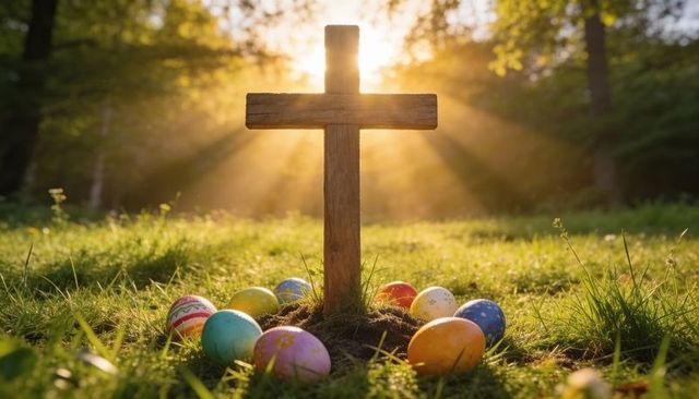 Sunlit wooden cross glowing at sunrise with colorful easter eggs in meadow