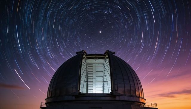 Observatory dome revealing open slit and ladder under circular star trails at twilight