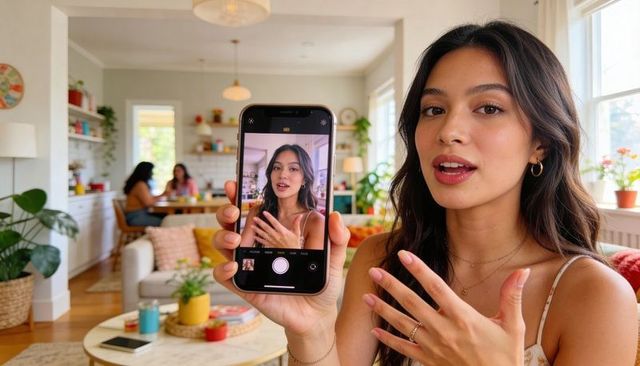 Female content creator holding smartphone filming selfie in cozy living room with plants