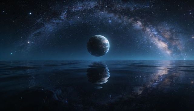 Hovering earth-like planet reflecting on calm ocean under arching milky way cosmic night sky