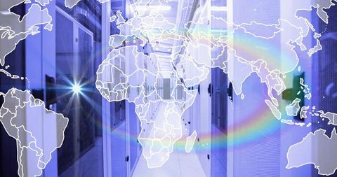 Global data center corridor with neon blue-purple lighting and world map overlay