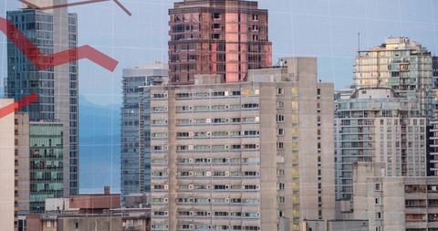 Urban Skyline with Overlaid Financial Data Processing Visualizations