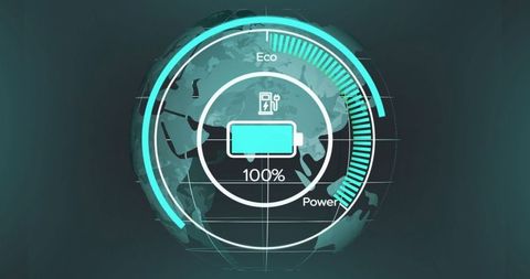 Futuristic digital dashboard with battery and eco power indicators