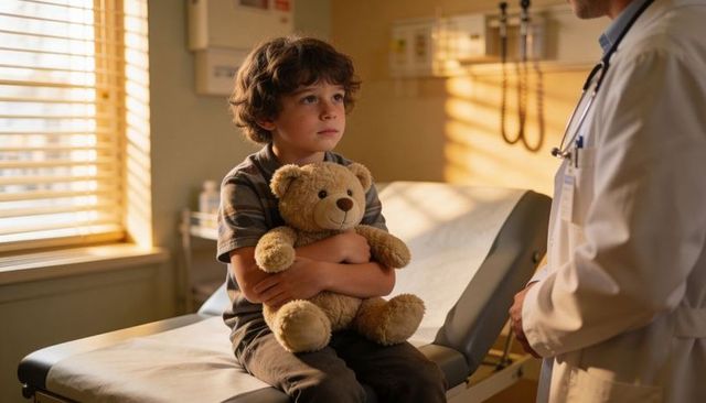 Young boy holding teddy on clinic exam table receiving reassuring pediatric care