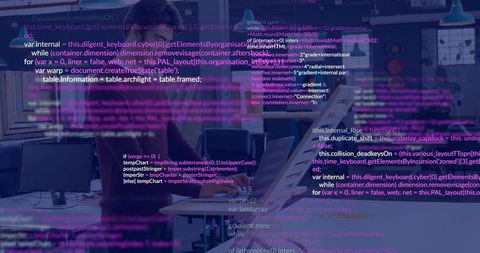Developers Working Apart in Modern Open Office with Code Overlay, Laptops and Ergonomic Monitors