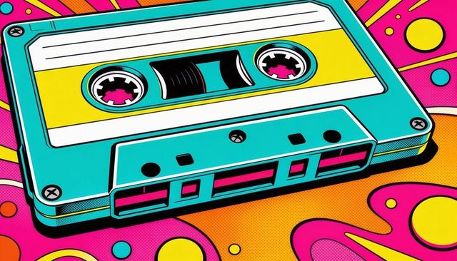 Neon turquoise cassette tape celebrating 80s retro pop art, halftone, vintage audio nostalgia