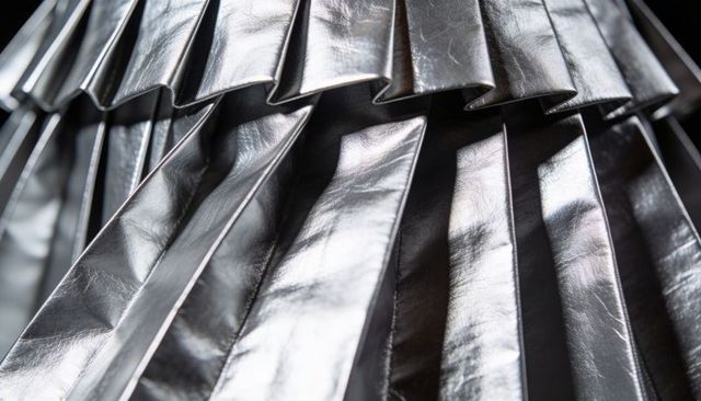 Reflecting metallic pleated foil with parallel ridges and glossy silver texture