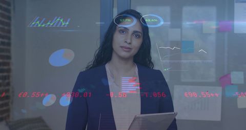 Businesswoman Utilizing Digital Financial Interface in Modern Office