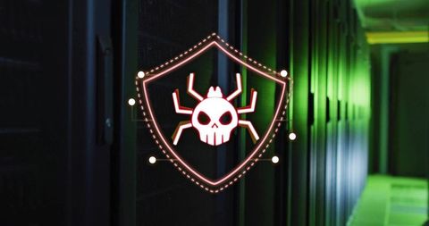 Pulsing holographic shield with skull-spider sigil over dim green-lit data center aisle