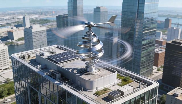 Helical rooftop wind turbine spinning with motion blur beside solar panels on skyscraper