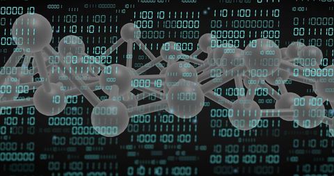 Floating Translucent Molecular Network with Teal Binary Code, Futuristic Data Visual