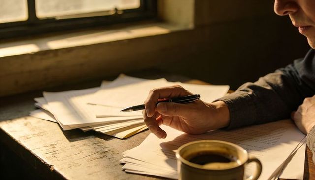 Sunlit writer holding pen over manuscript on rustic desk with coffee and stacked papers
