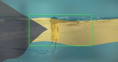 Woman in Yellow Dress Walking Along Beach with Artistic Overlays