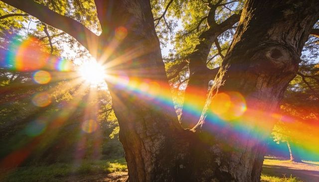 Ancient broadleaf tree casting sunburst and rainbow flare across sunlit woodland