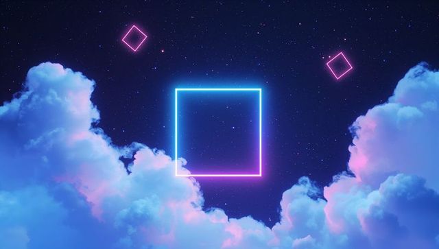 Floating neon squares in starry cosmic nightscape
