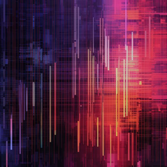 Glowing colourful interference lines and grids on black, created using generative ai technology. Visual distortion and data technology abstract background concept digitally generated image.
