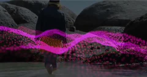 Woman Adventuring Tidepool with Digital Magenta Wave Overlay