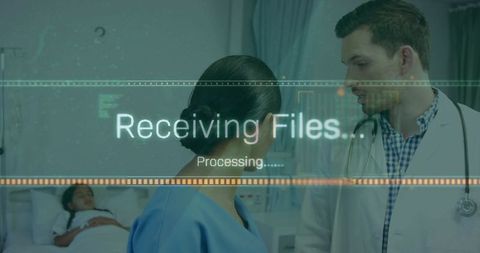 Medical team discussing in pediatric ward with digital overlay