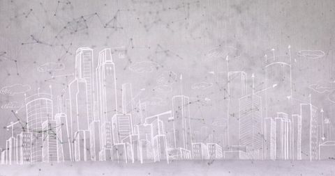 Digital Network Overlay with Sketched Cityscape on White Background