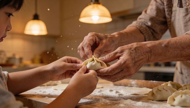 Grandparent Teaching Child to Fold Dumplings Hands-on Homemade Cooking Tradition Cozy Kitchen