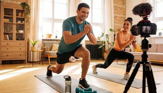 Couple recording home workout performing lunges on mats with tripod camera